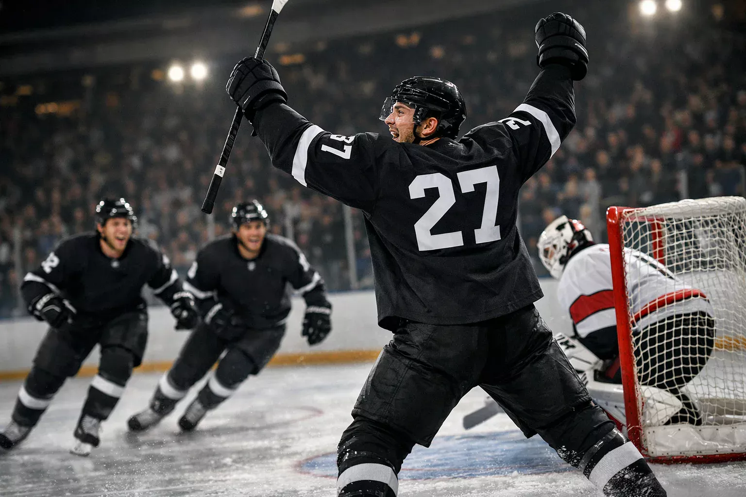 Hockey player celebrating after scoring a goal with teammates