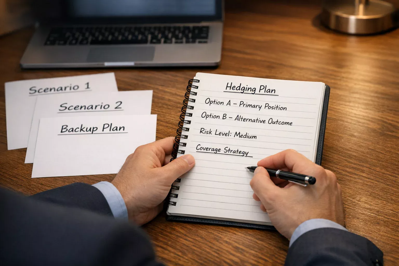 Person strategically planning betting positions with notes and research