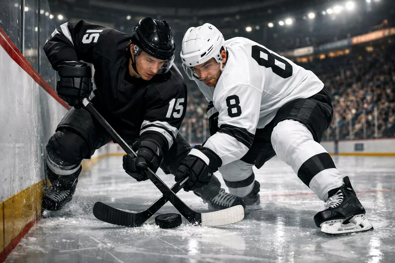 Ice hockey players in action during an NHL game under arena lights