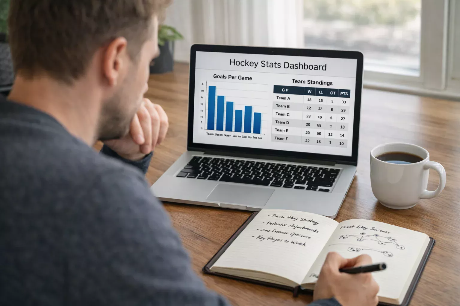 Person analyzing hockey statistics on laptop with notebook for research