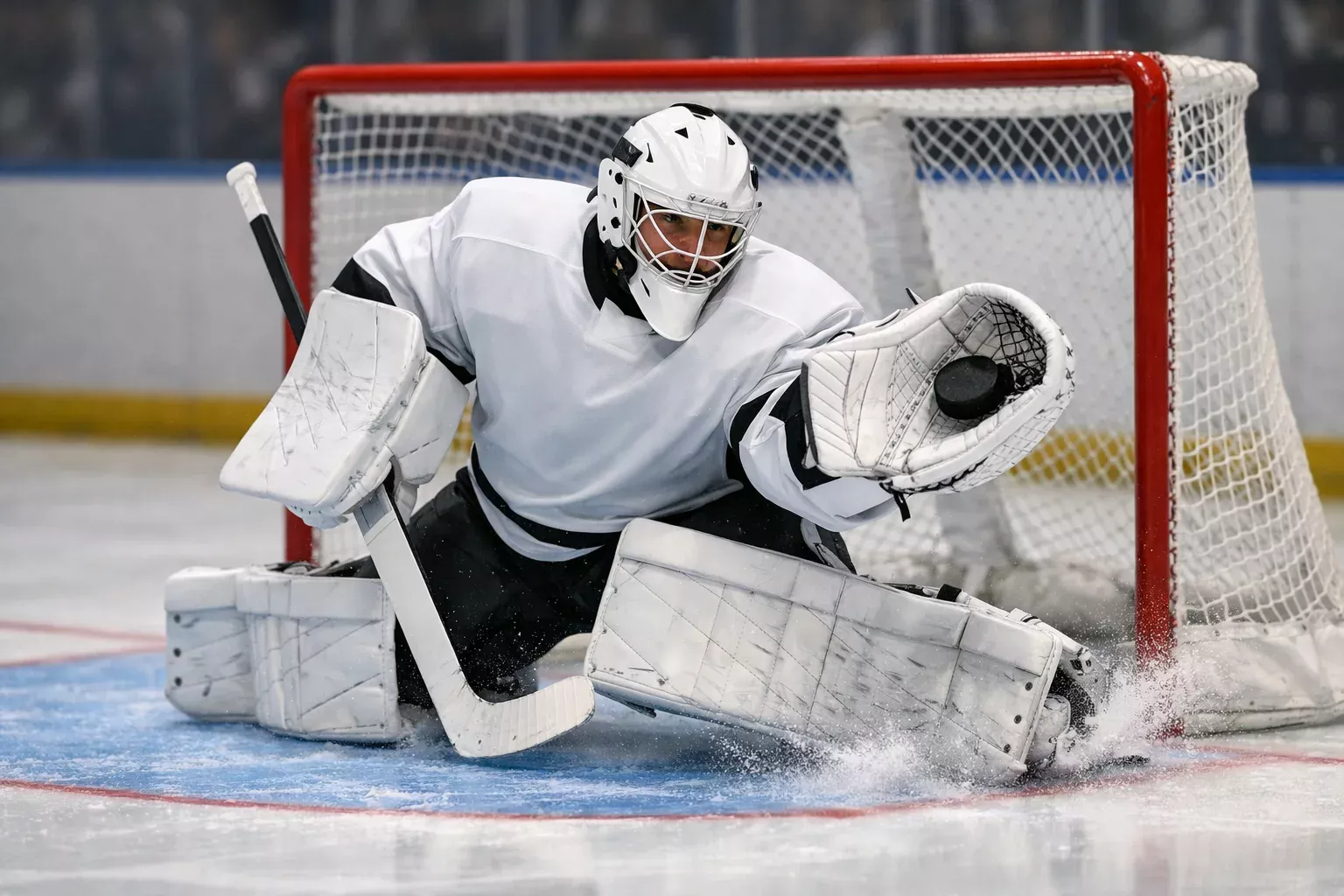 NHL goaltender making a save with dramatic lighting on the ice rink