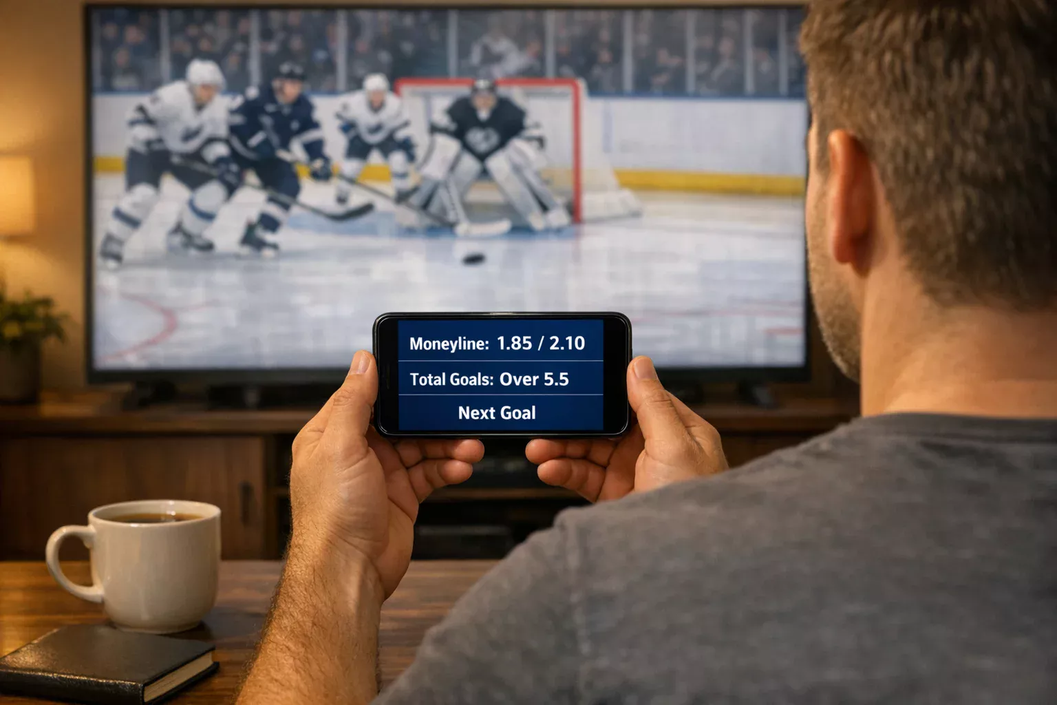 Sports fan watching hockey game on screen while reviewing betting options on smartphone