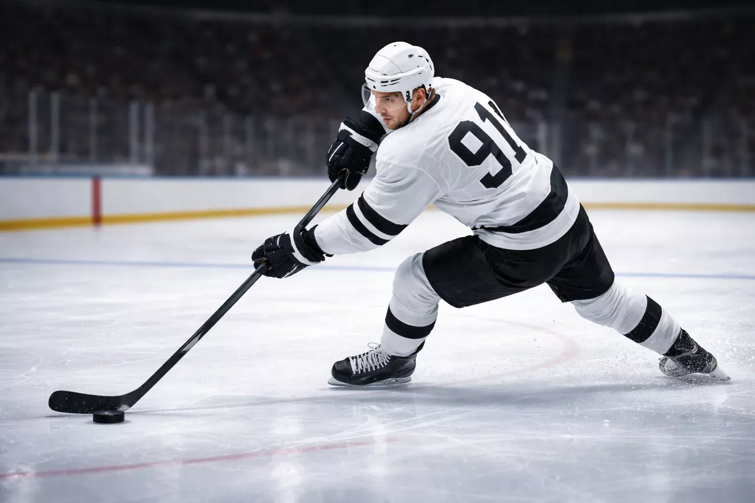 Hockey forward skating with the puck during an NHL game at packed arena
