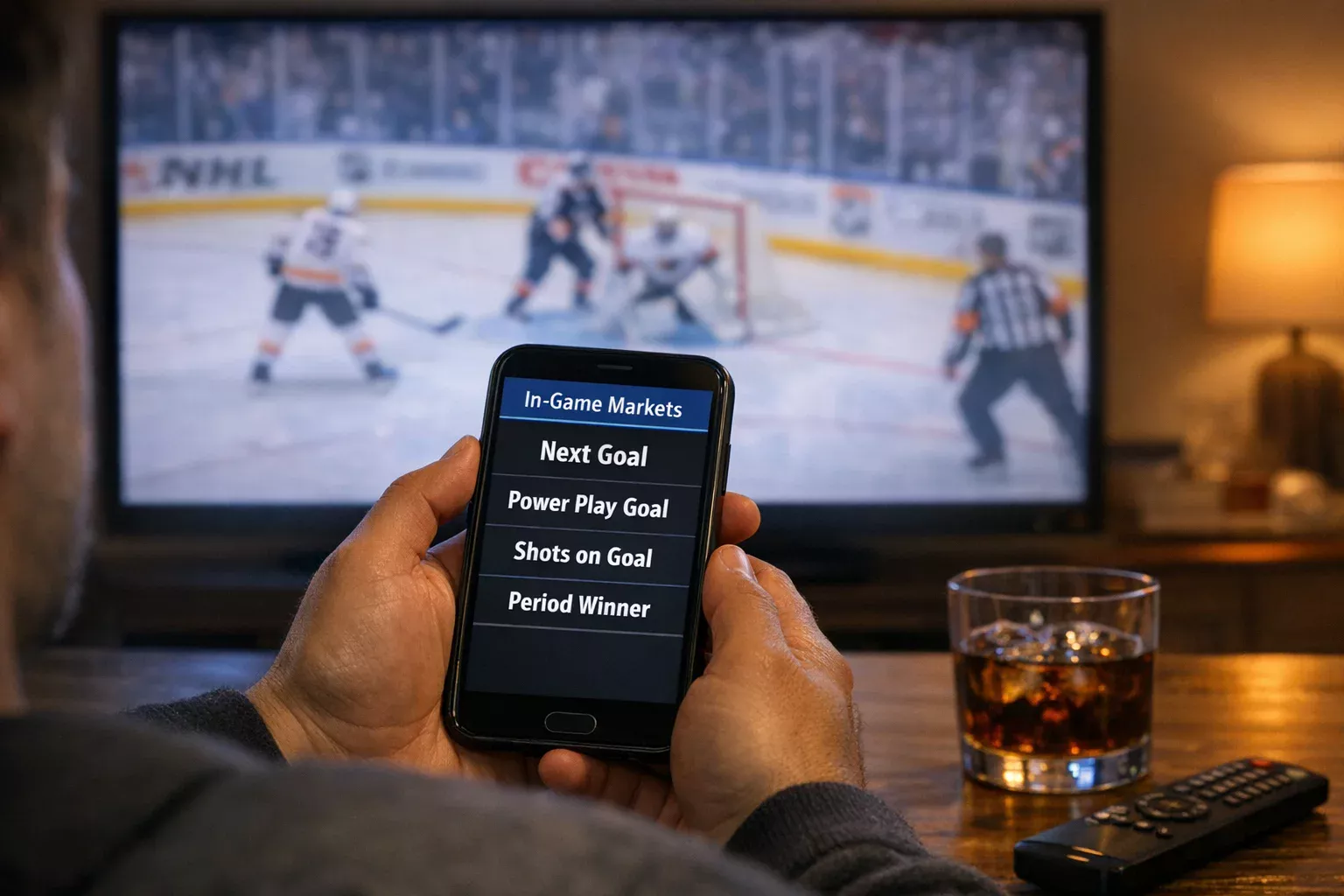 Person watching NHL game on TV while checking betting options on phone