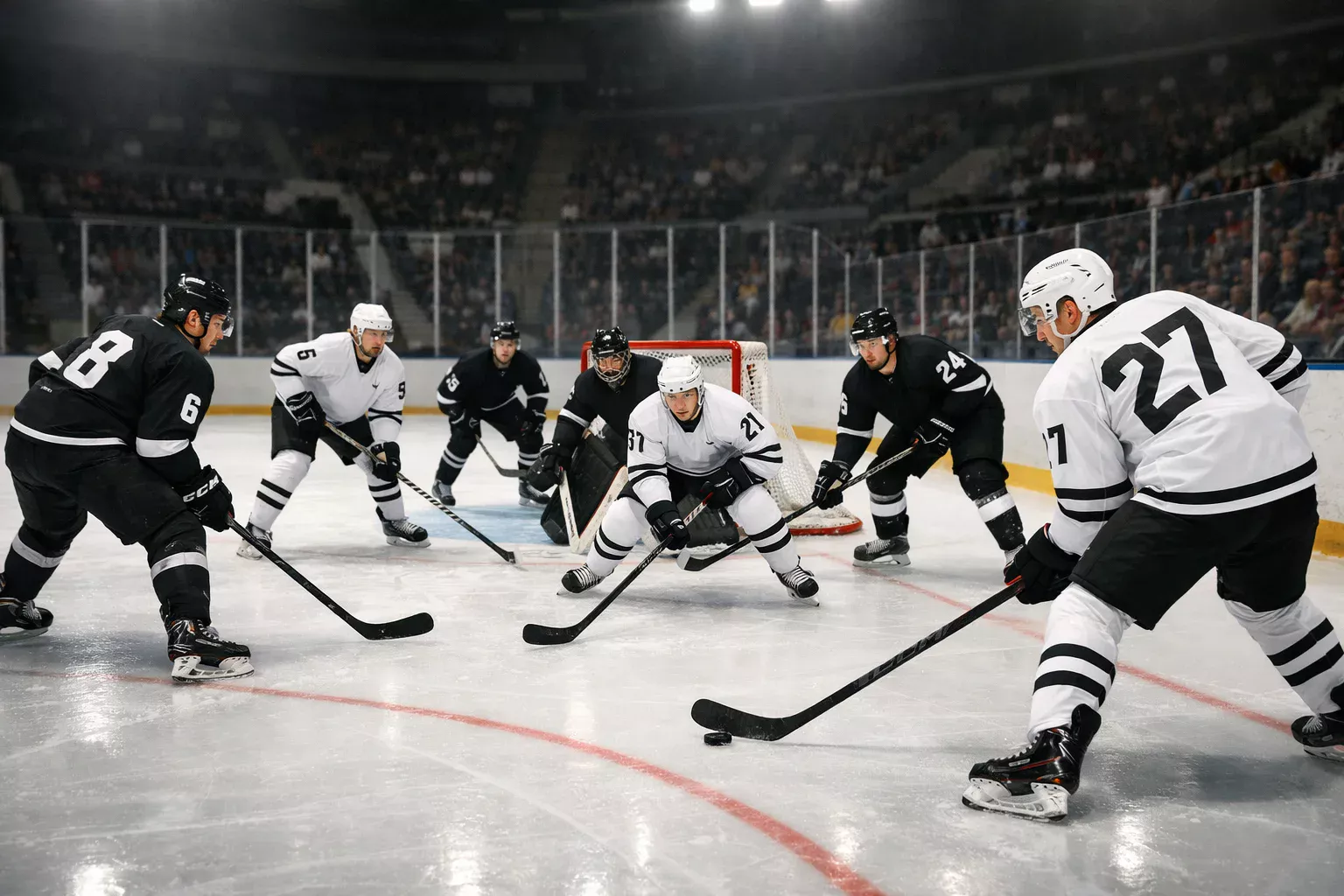 NHL power play situation with players positioned in offensive zone