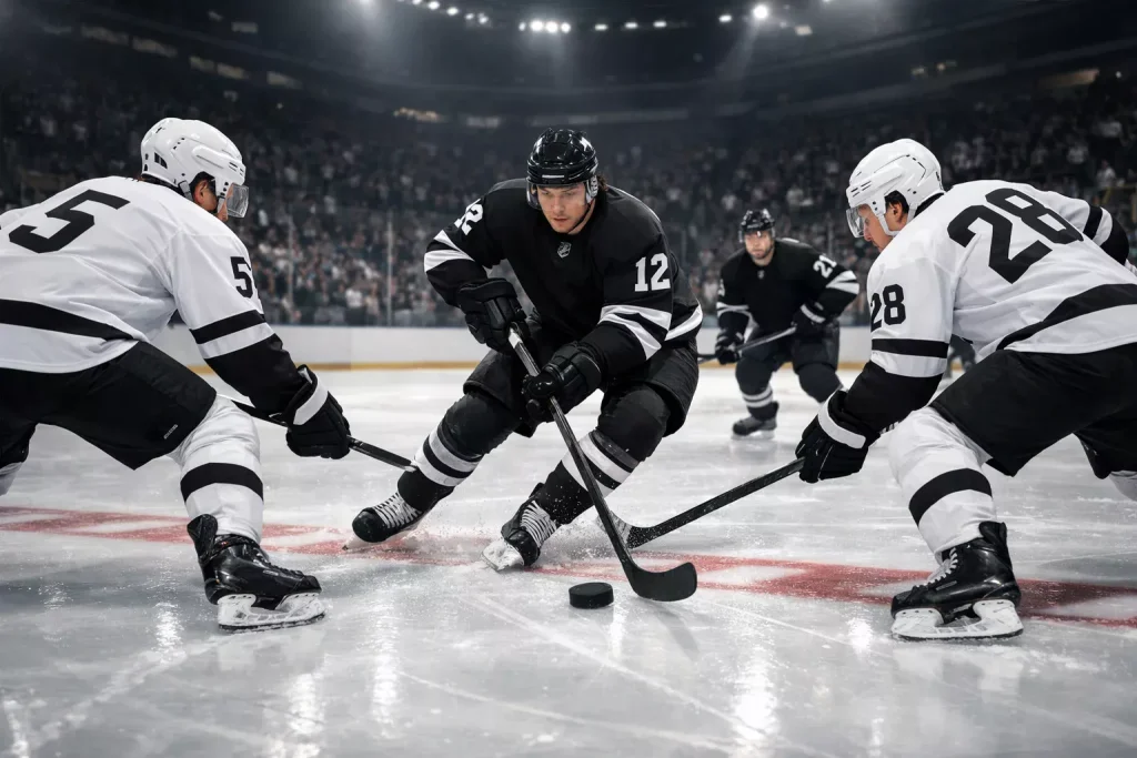 Exciting NHL hockey game action with fans watching intensely in the arena
