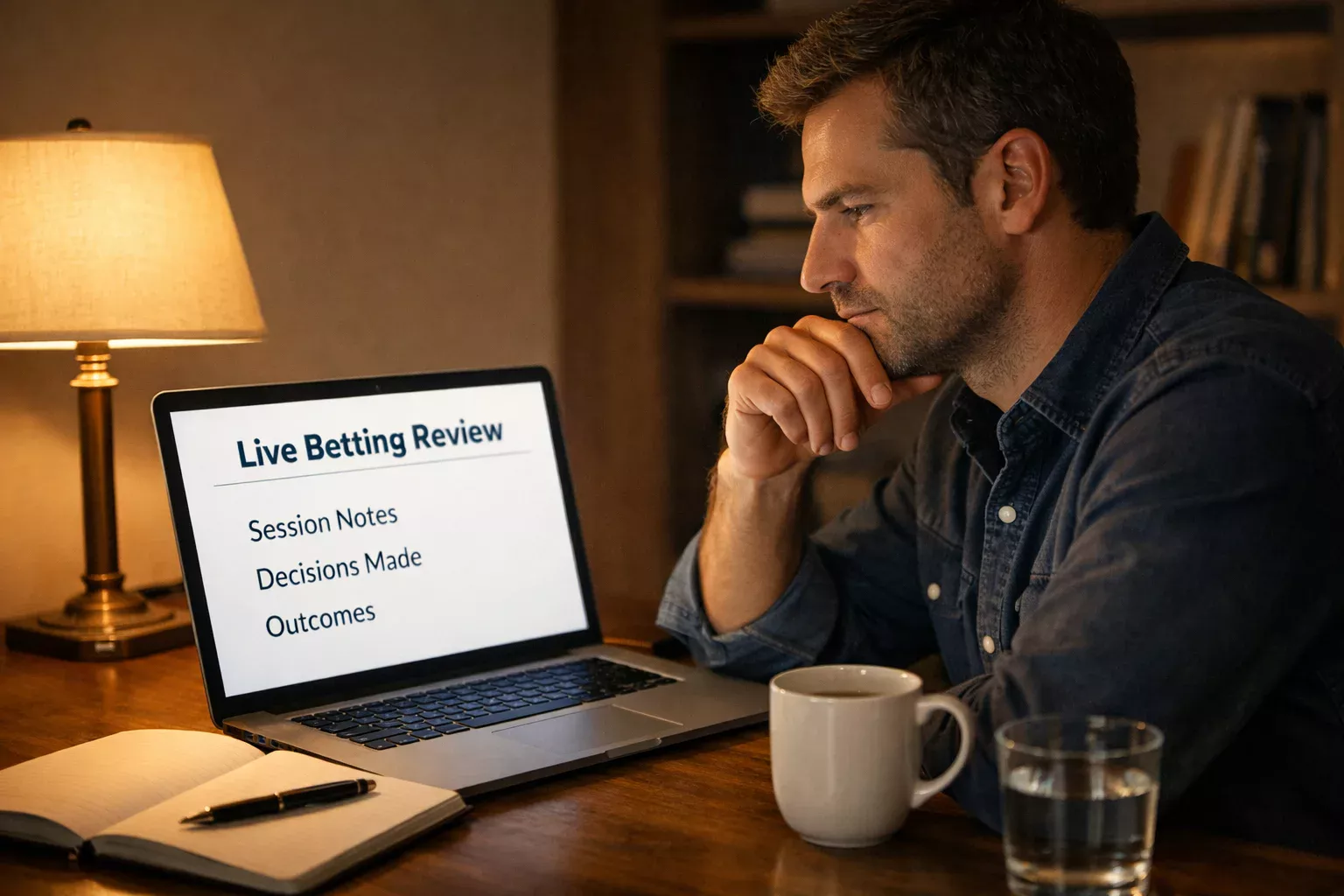 Person thoughtfully reviewing betting results on laptop screen