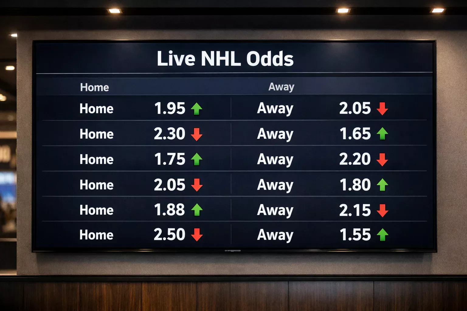 Sports betting display showing live hockey odds updating in real time
