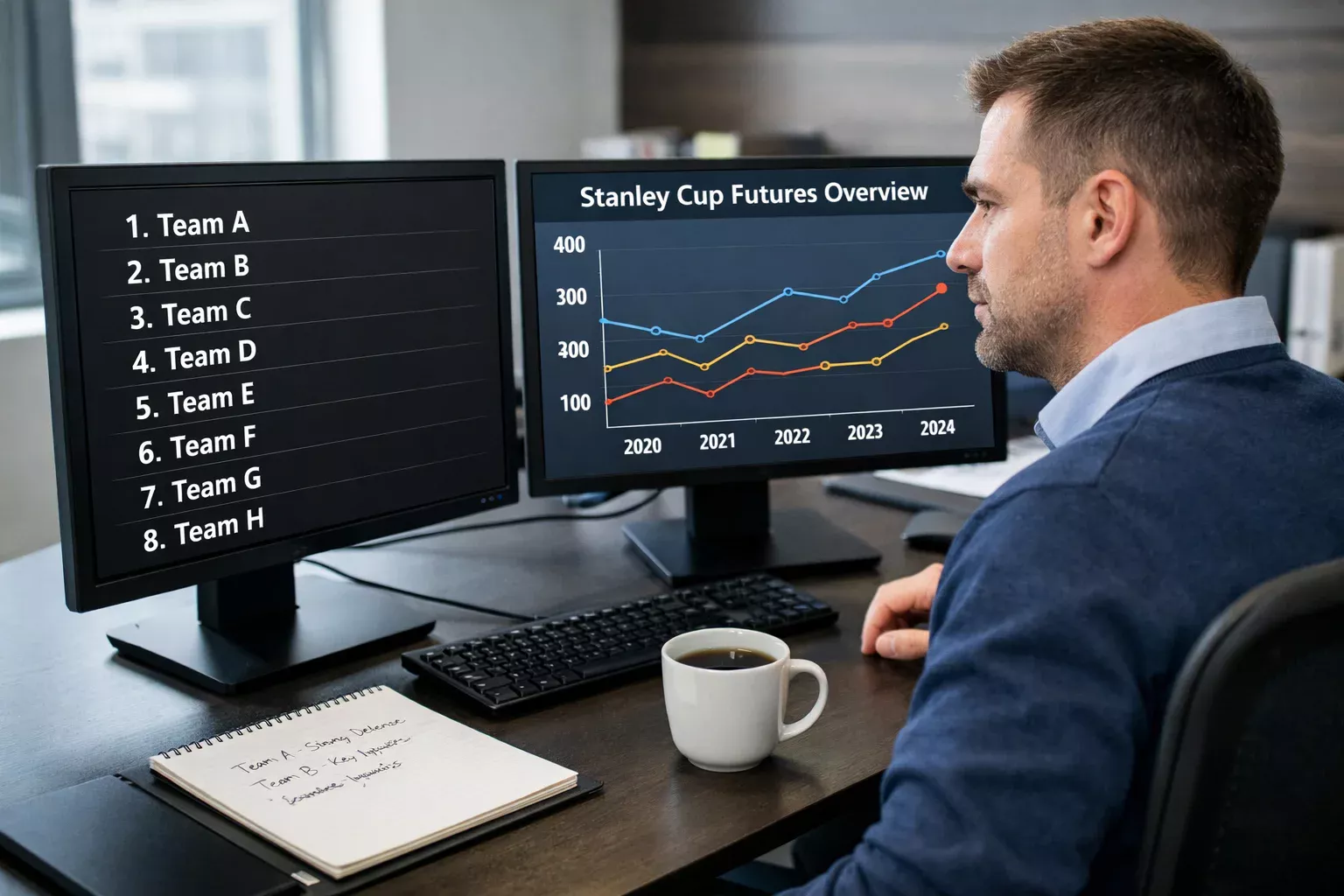 Sports analyst reviewing NHL championship odds on computer screens