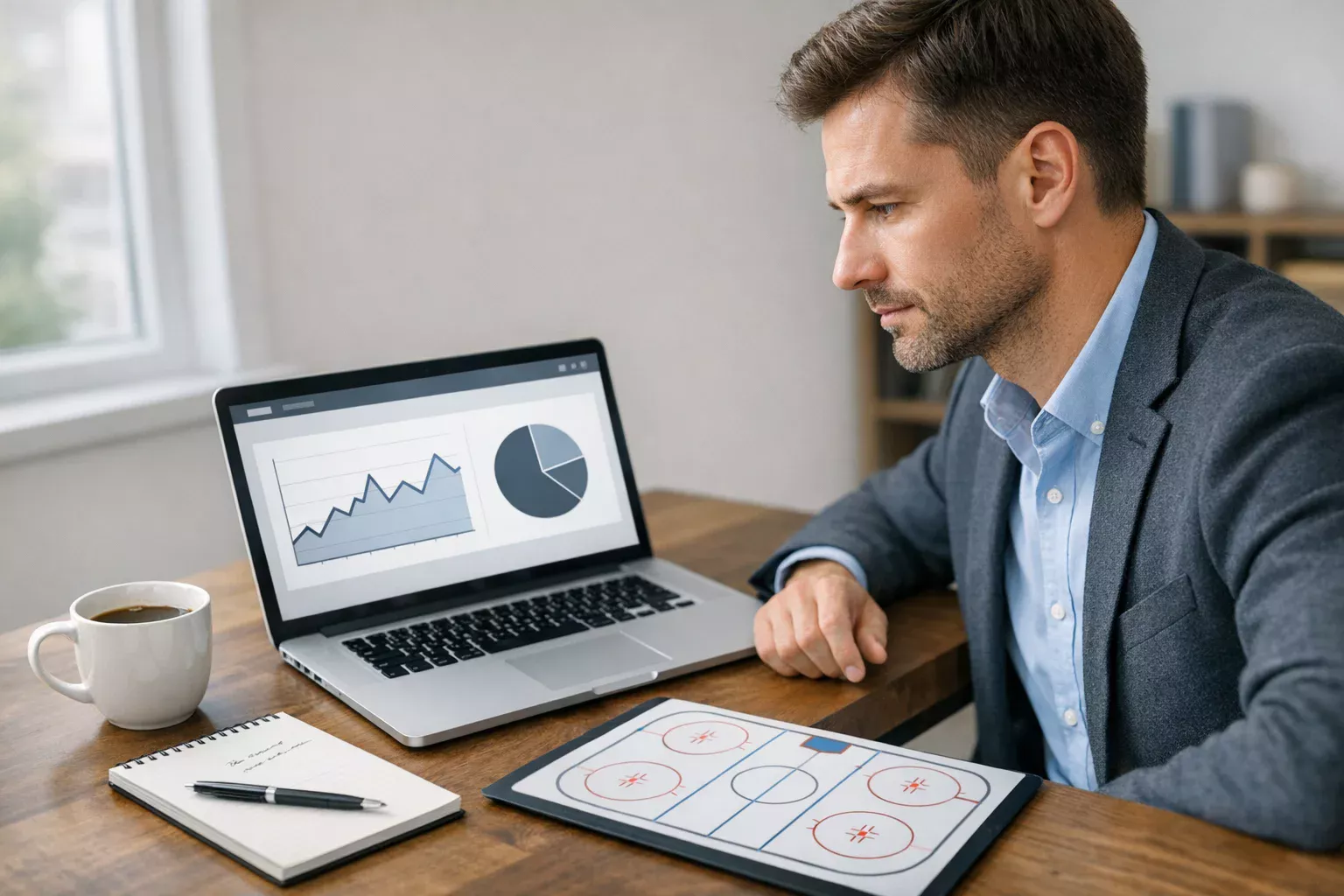 Hockey analyst studying goaltender statistics on a laptop
