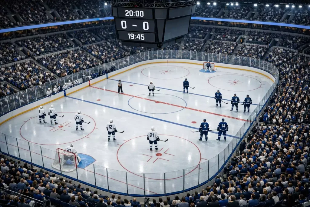 Professional ice hockey arena with players during an NHL game