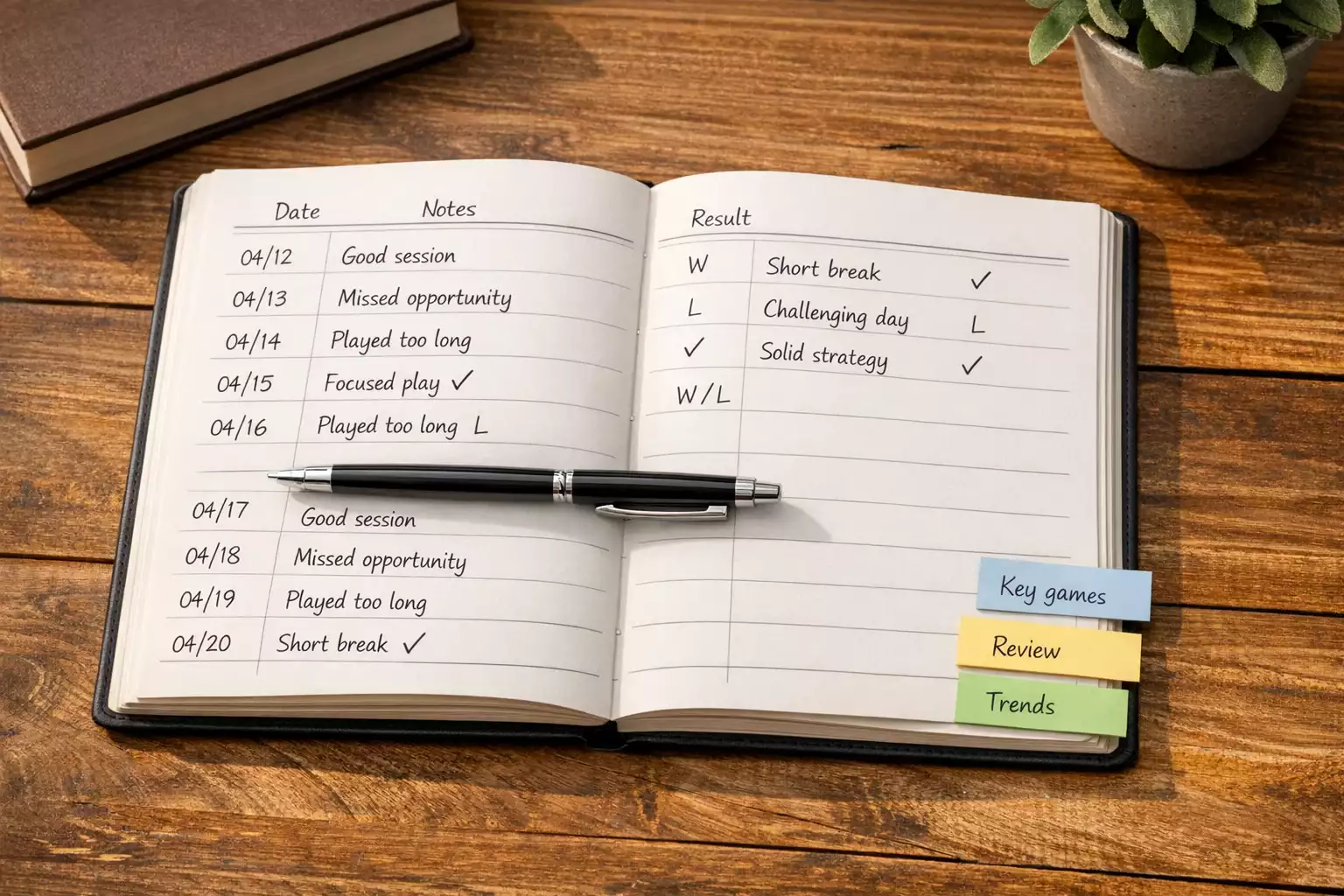 Organized betting journal with NHL game notes and records