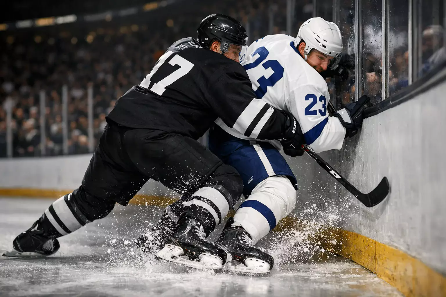 Intense NHL playoff hockey action with players competing for the puck