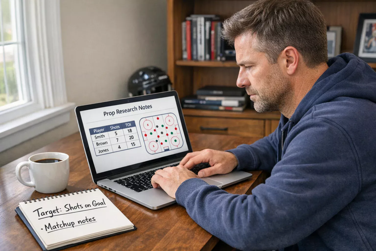 Analyst studying hockey player performance data on laptop