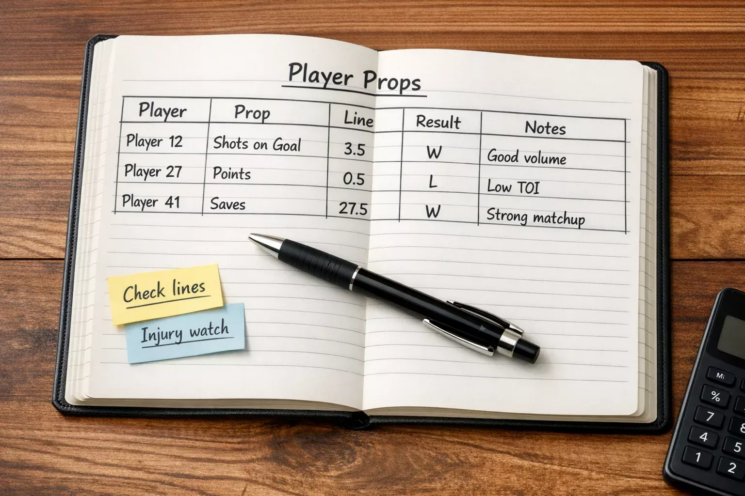 Detailed betting notebook with player statistics and tracking notes