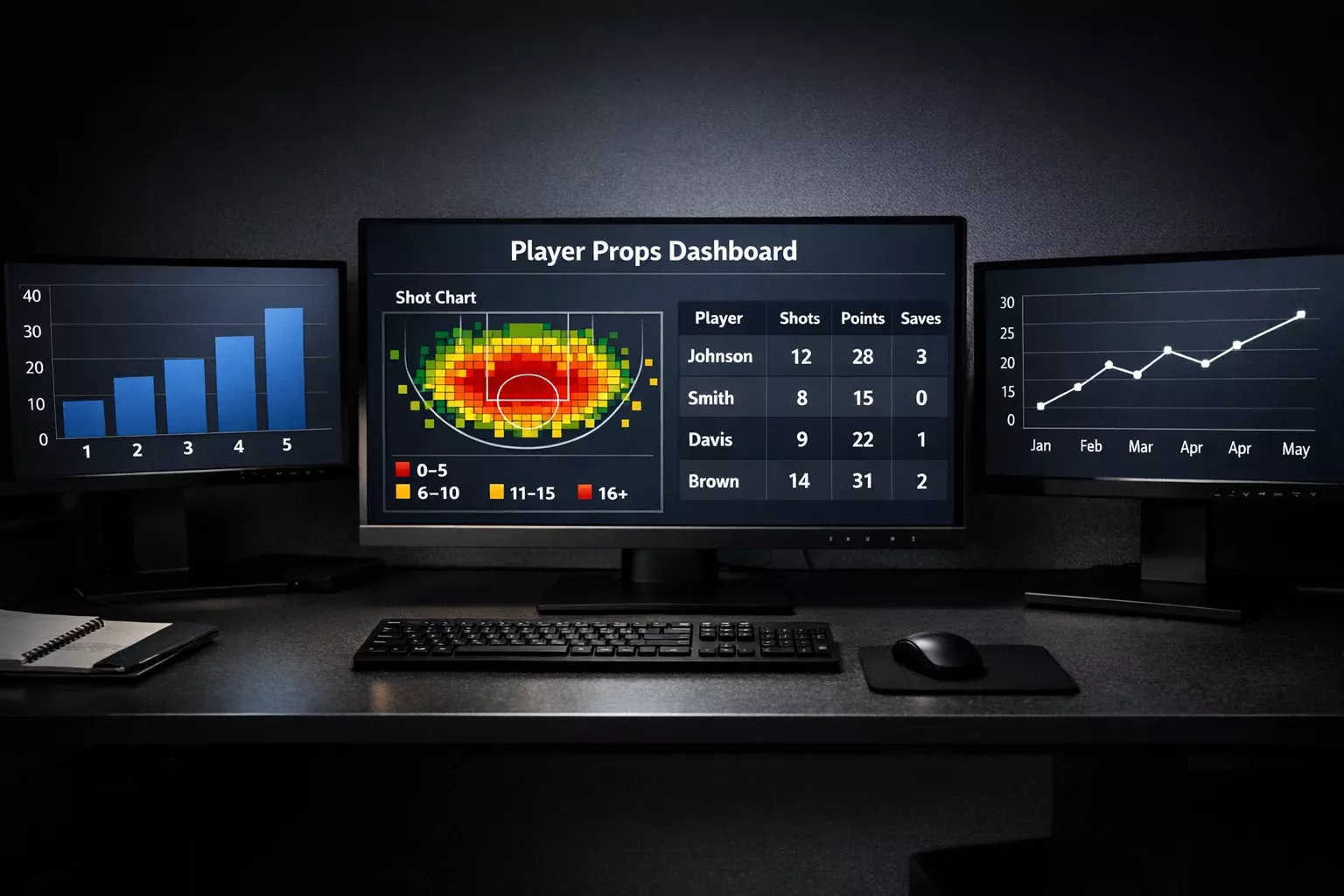 Hockey statistics displayed on multiple monitors in an analytics setup