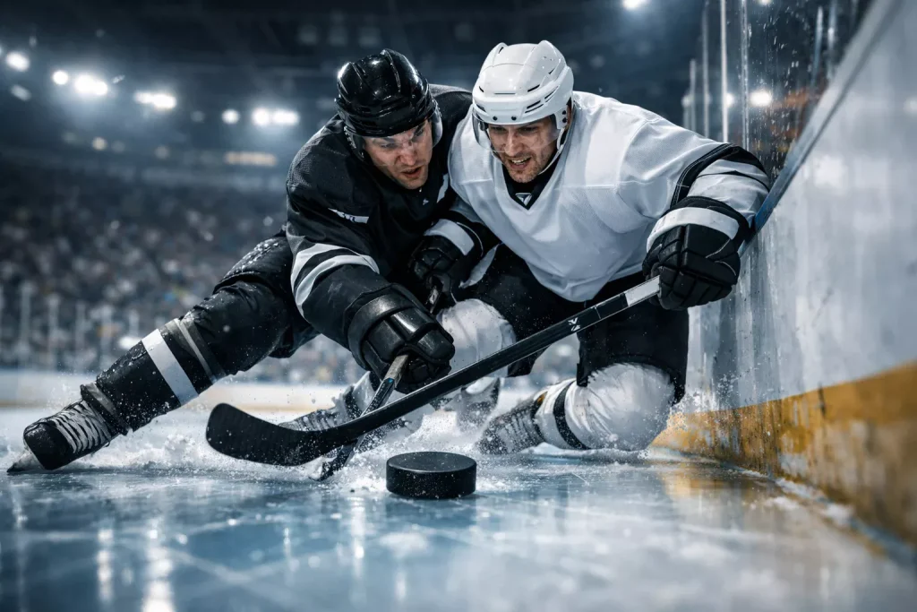 NHL hockey players battling for the puck during an intense game