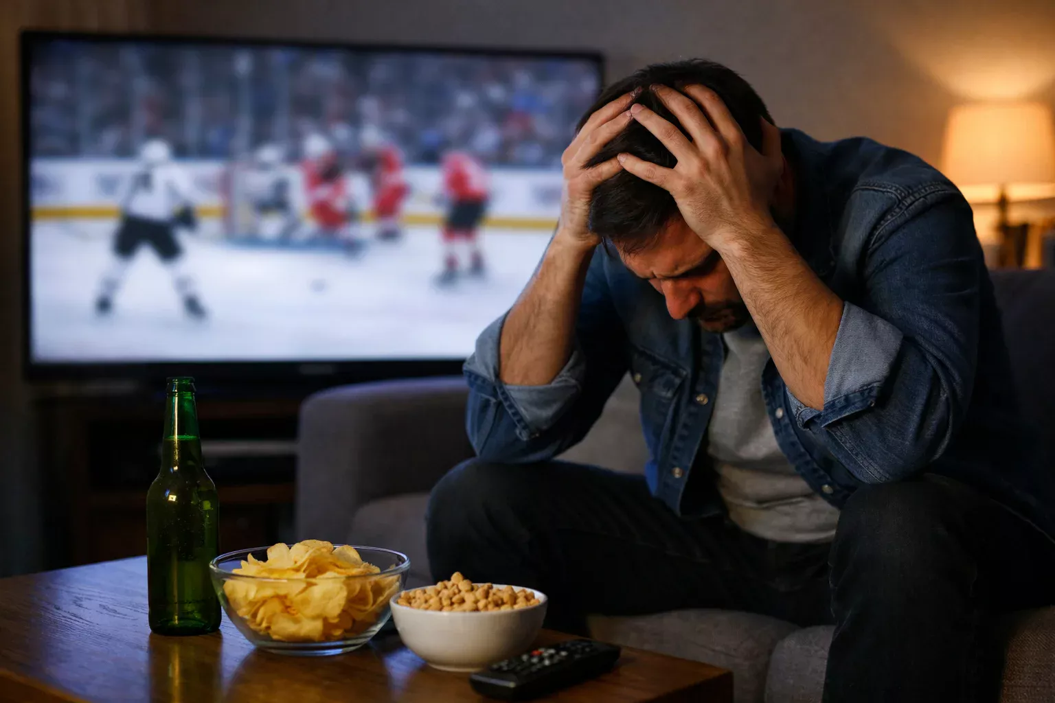 Frustrated hockey fan watching a close game on television