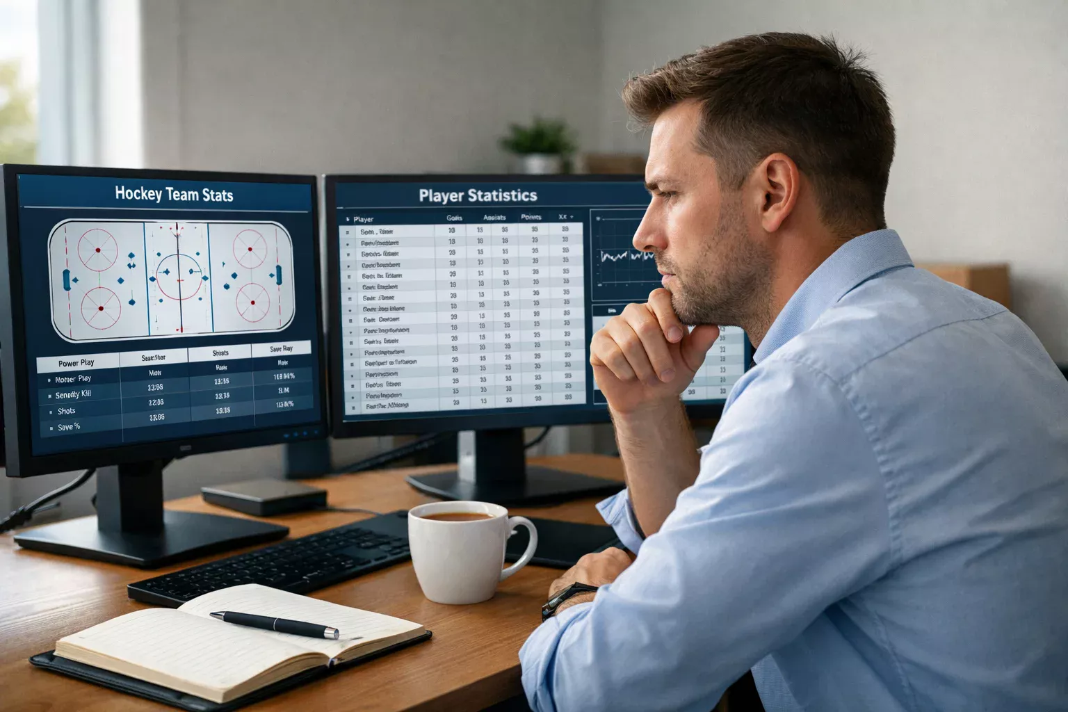 Sports analyst reviewing NHL betting options on multiple screens