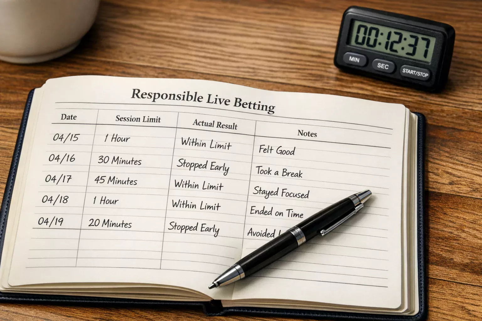 Organized betting notebook with session limits and tracking notes