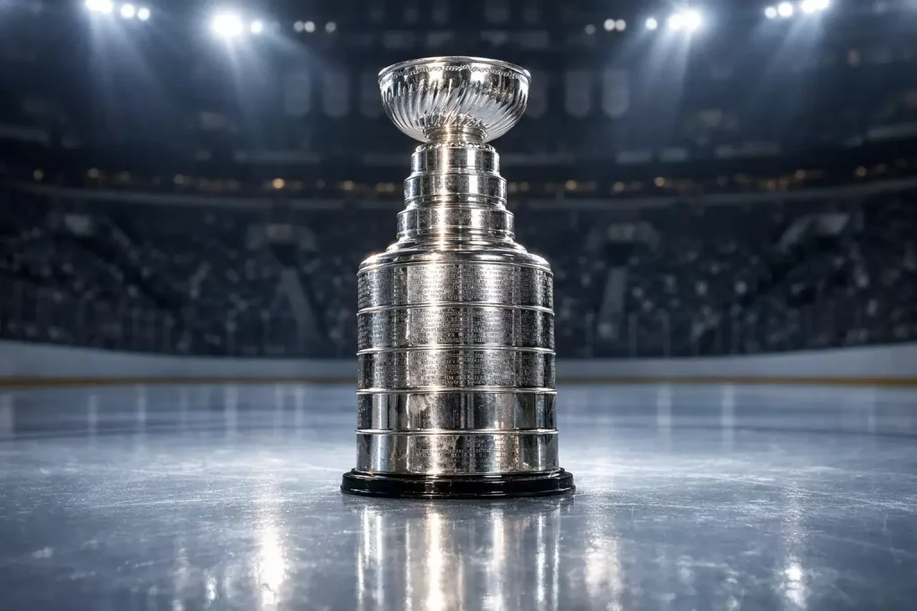 Stanley Cup trophy displayed on ice in a professional hockey arena